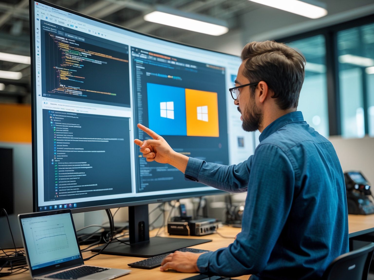 Person demonstrating software on a large screen in a tech lab