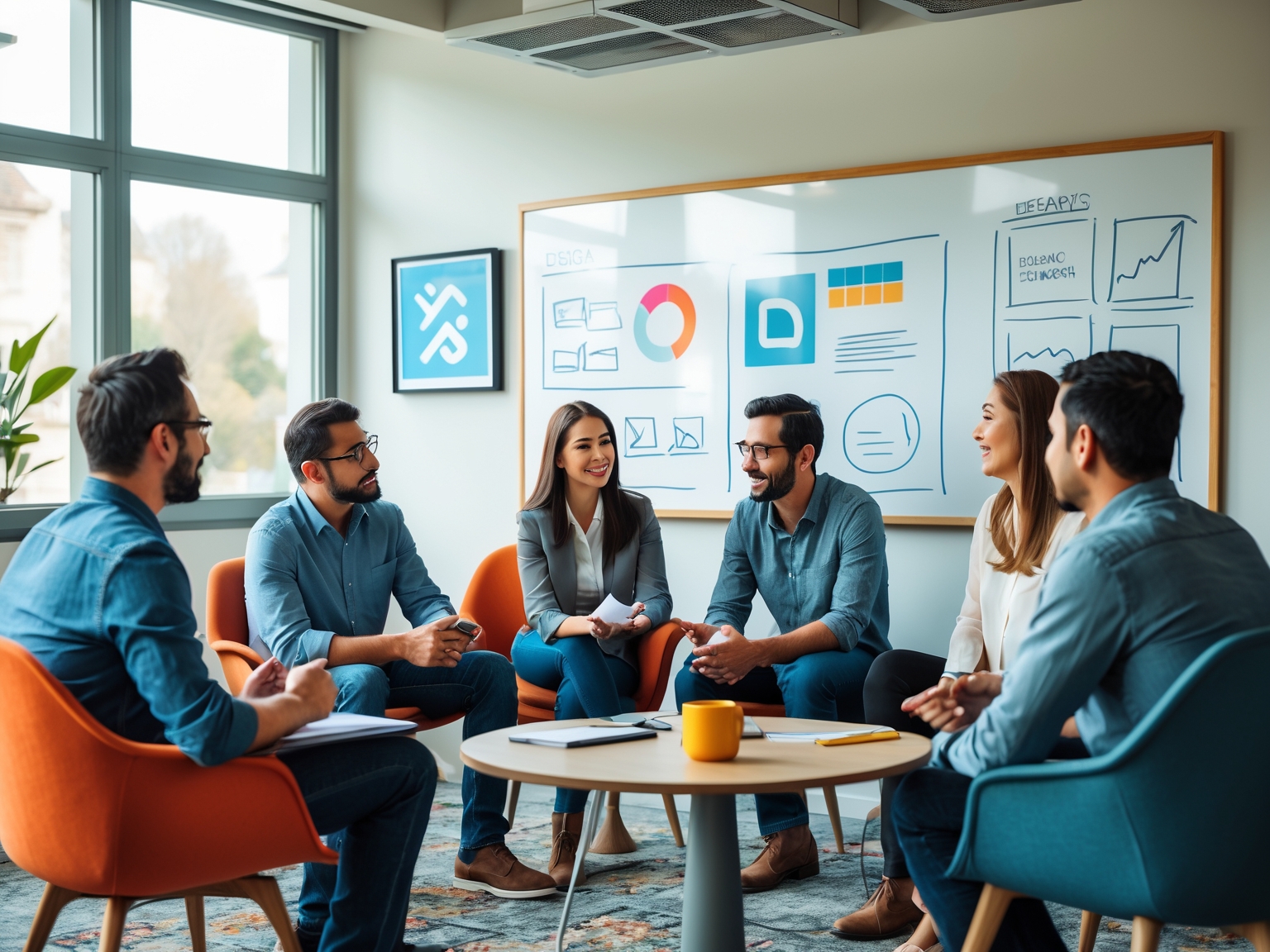 Group of people discussing ideas on a whiteboard with design mockups