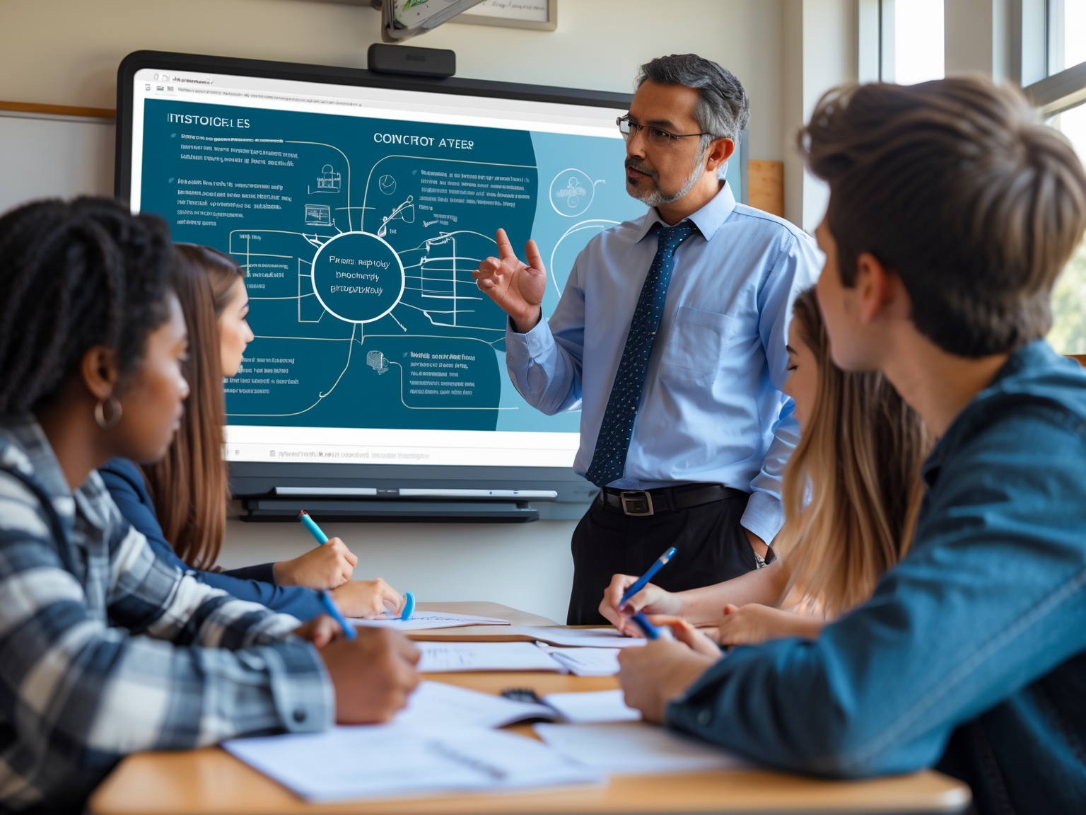 Instructor explaining concepts on a digital board with students taking notes