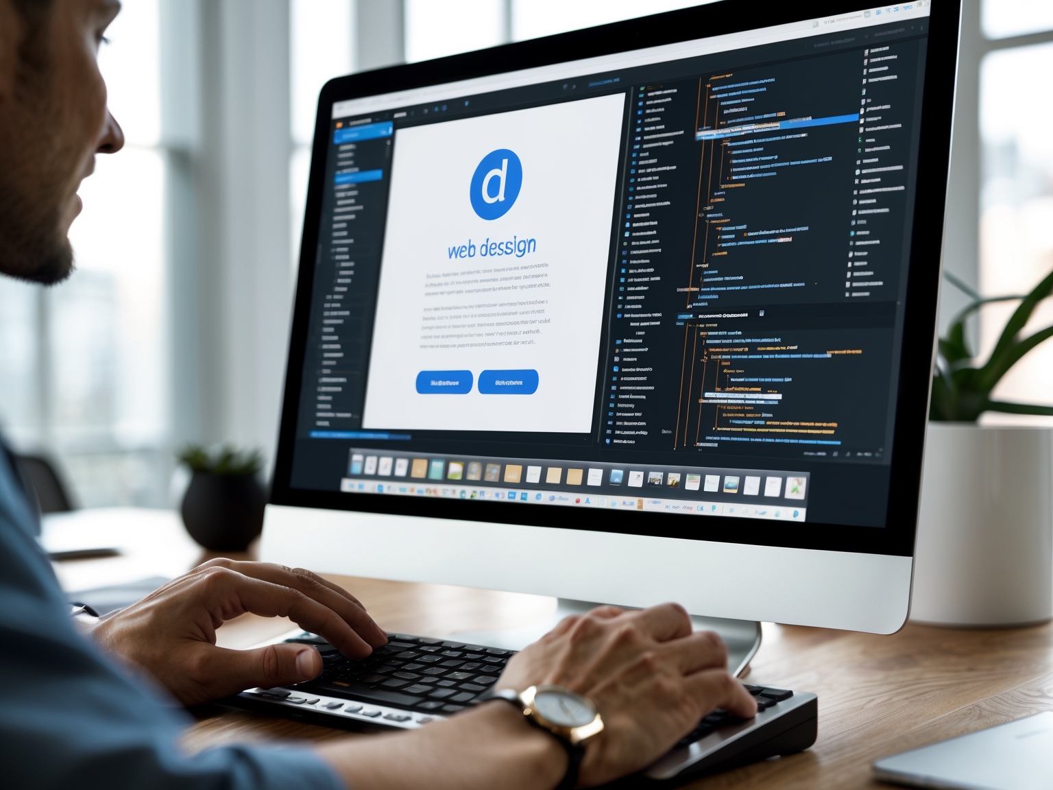 Hands typing on a keyboard with a monitor showing web design interfaces and code