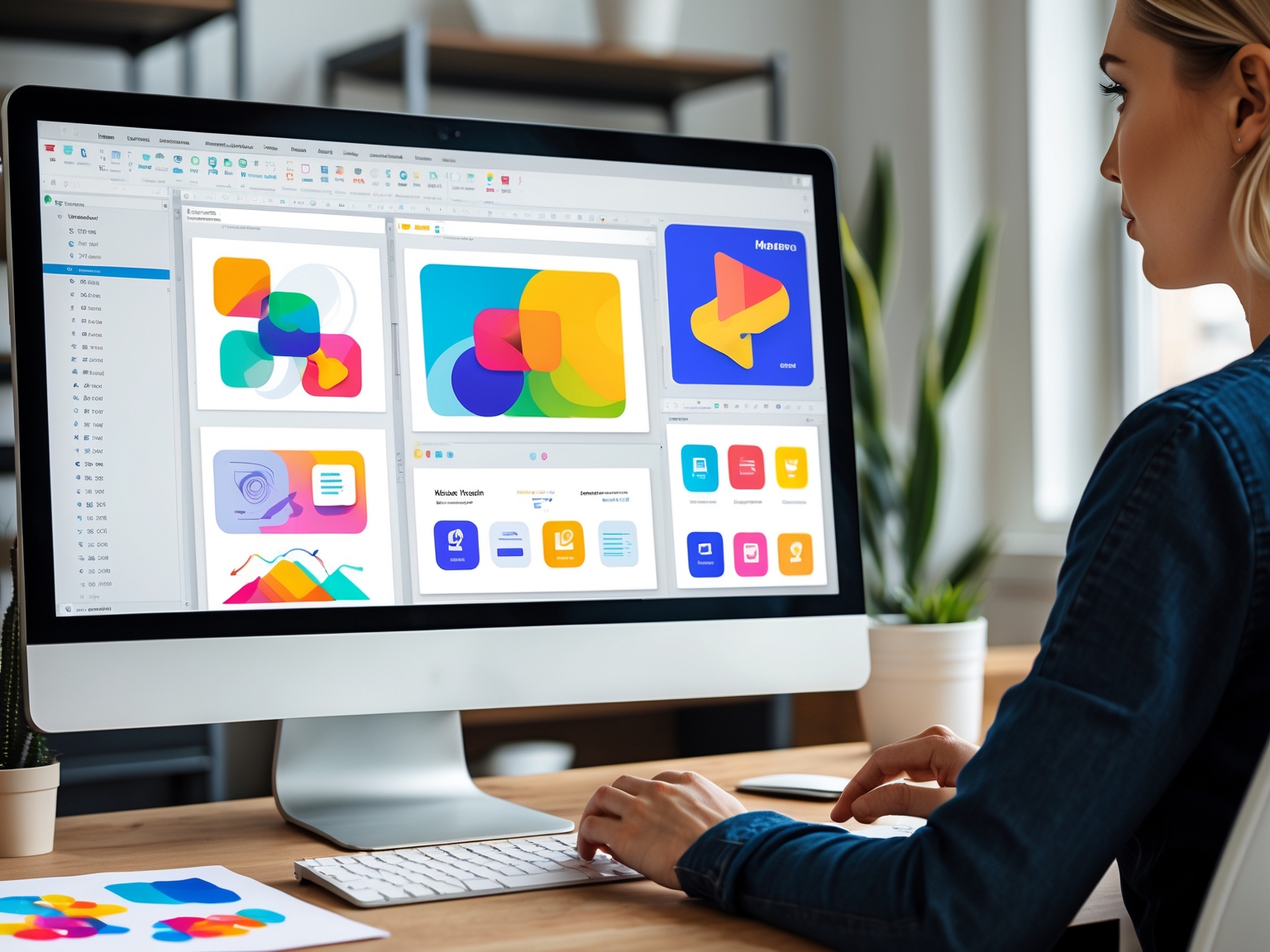 Graphic designer working on computer screen with digital design software