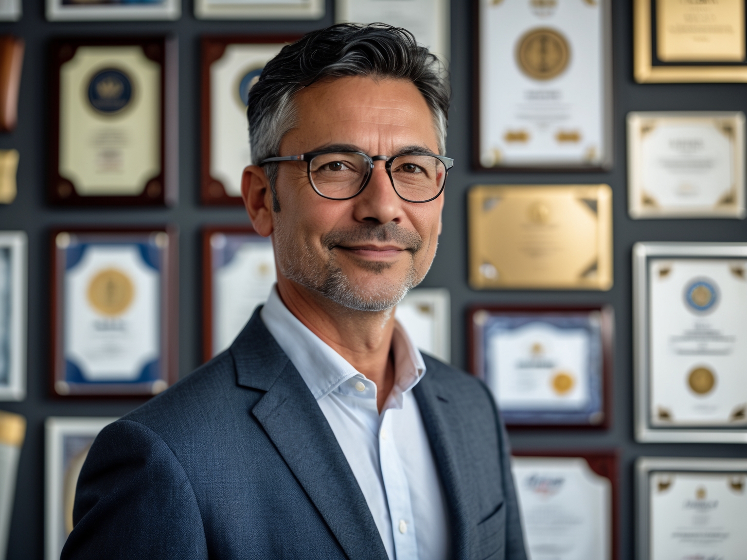 Confident man in his forties with glasses, standing in front of a wall of awards and certificates