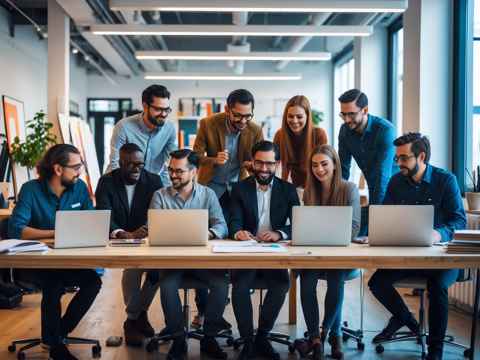 Diverse group of designers collaborating in a modern studio with laptops and creative tools