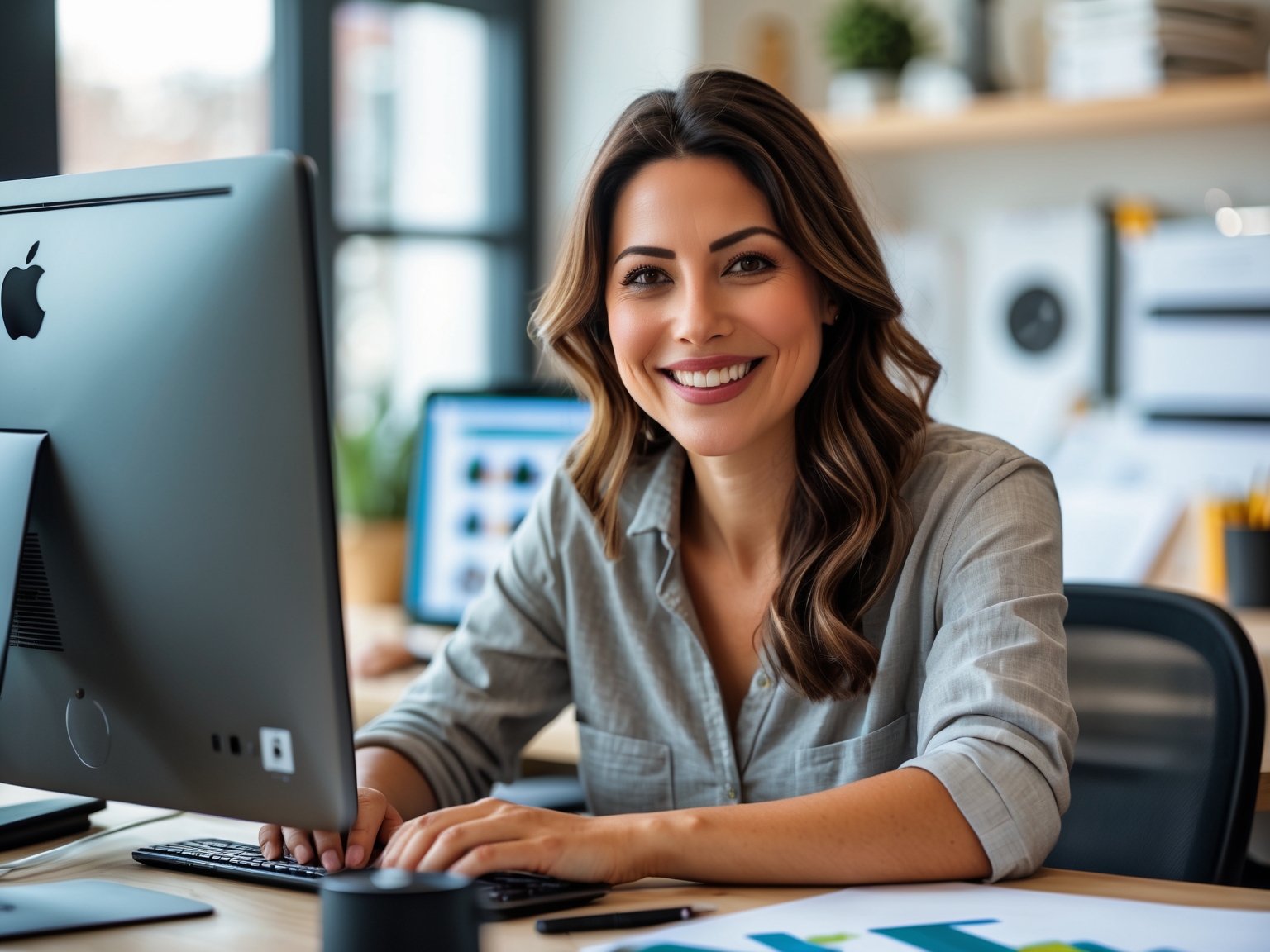 Woman in her thirties with a friendly smile at a desk with design tools