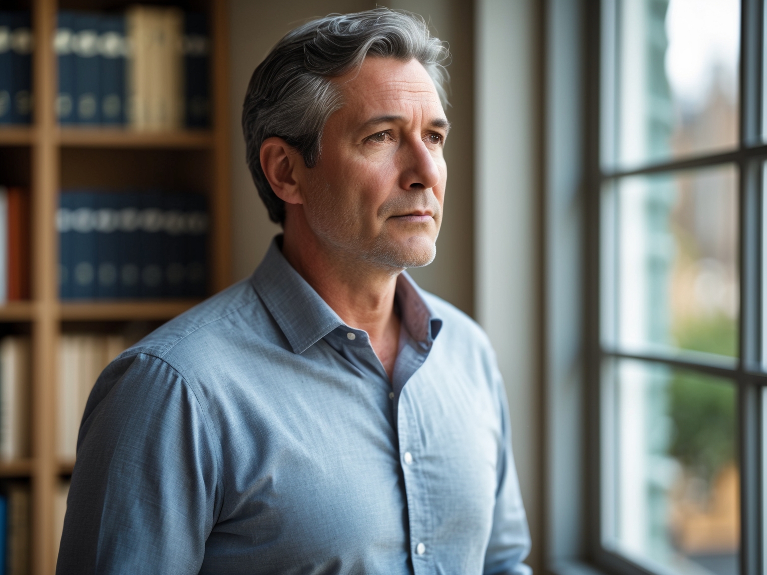 Man in his fifties looking thoughtful, standing near a window in an office with bookshelves