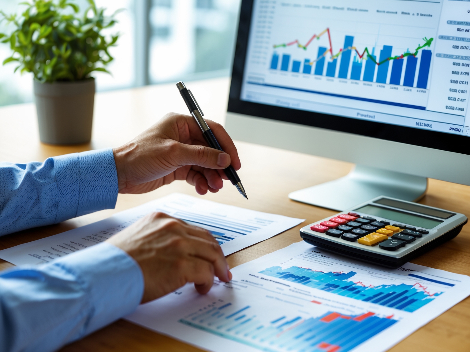 Person reviewing documents at a desk with a calculator and financial charts on the screen