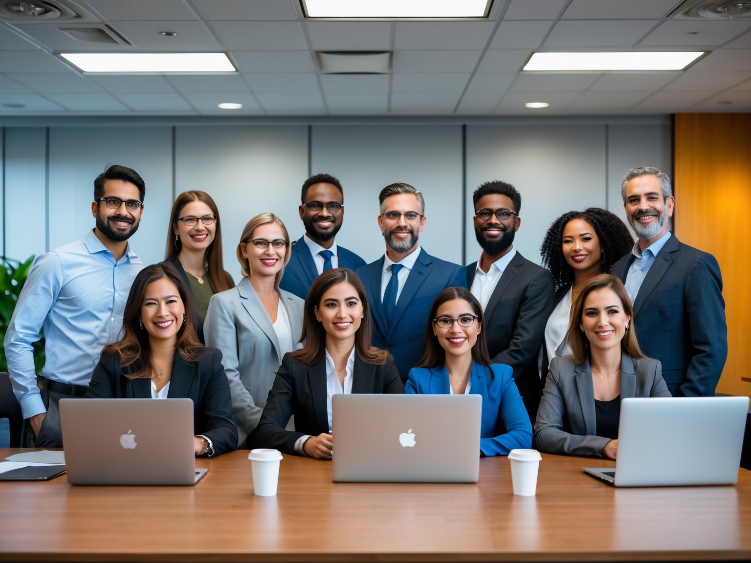 Diverse team of professionals posing together in a conference room with laptops and coffee cups