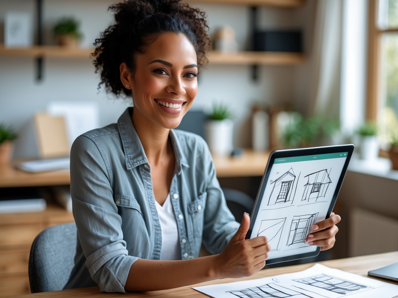 Smiling woman in her thirties holding a tablet with design sketches